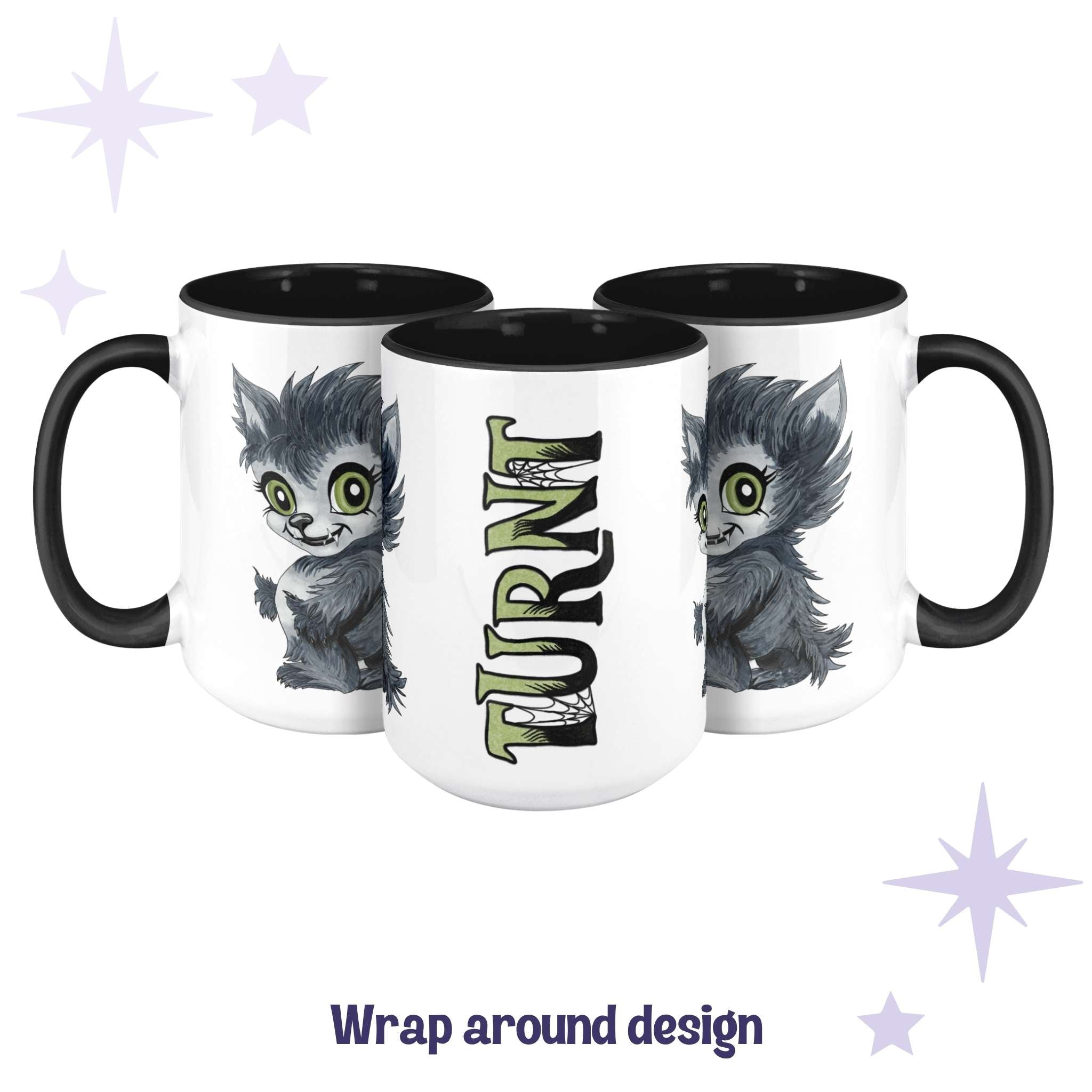 Chibi werewolf monster mug shown across three angles as a wrap-around design with TURNT in acid-green lettering