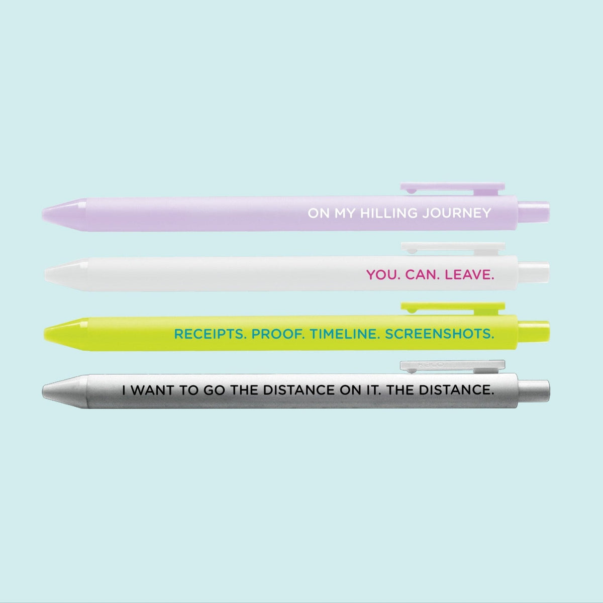 RHOSLC Pen Set detail — citron and silver jotter pens with black gel ink by indie artist MangoIllustrated