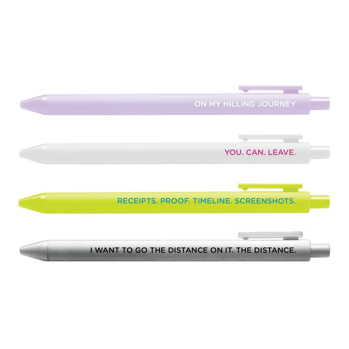 RHOSLC Pen Set — 4 jotter gel pens in lilac, white, citron and silver with reality TV quotes, 0.5mm fine point, by MangoIllustrated