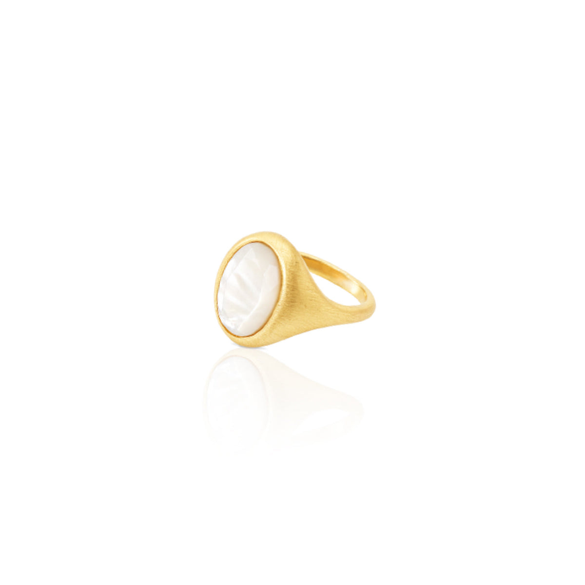 gold etched signet ring with oval faceted mother of pearl stone and an orange blossom and hatched motif on the back. fair trade jewelry online in chicago