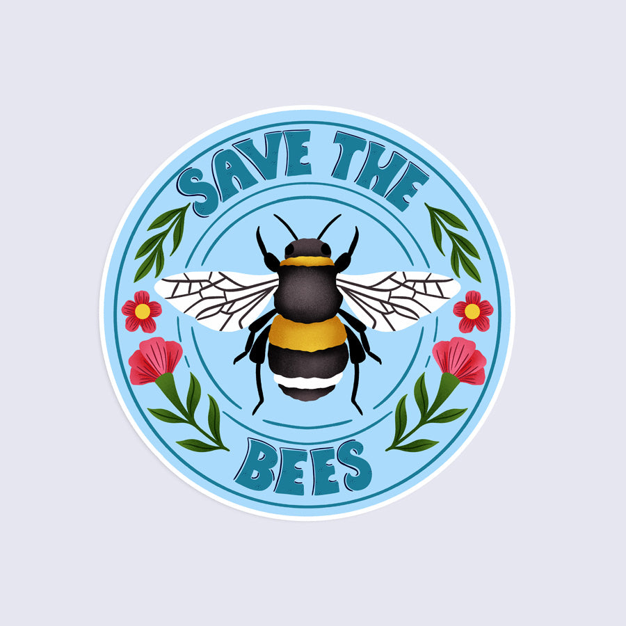 Circular sticker with a bee illustration and &
