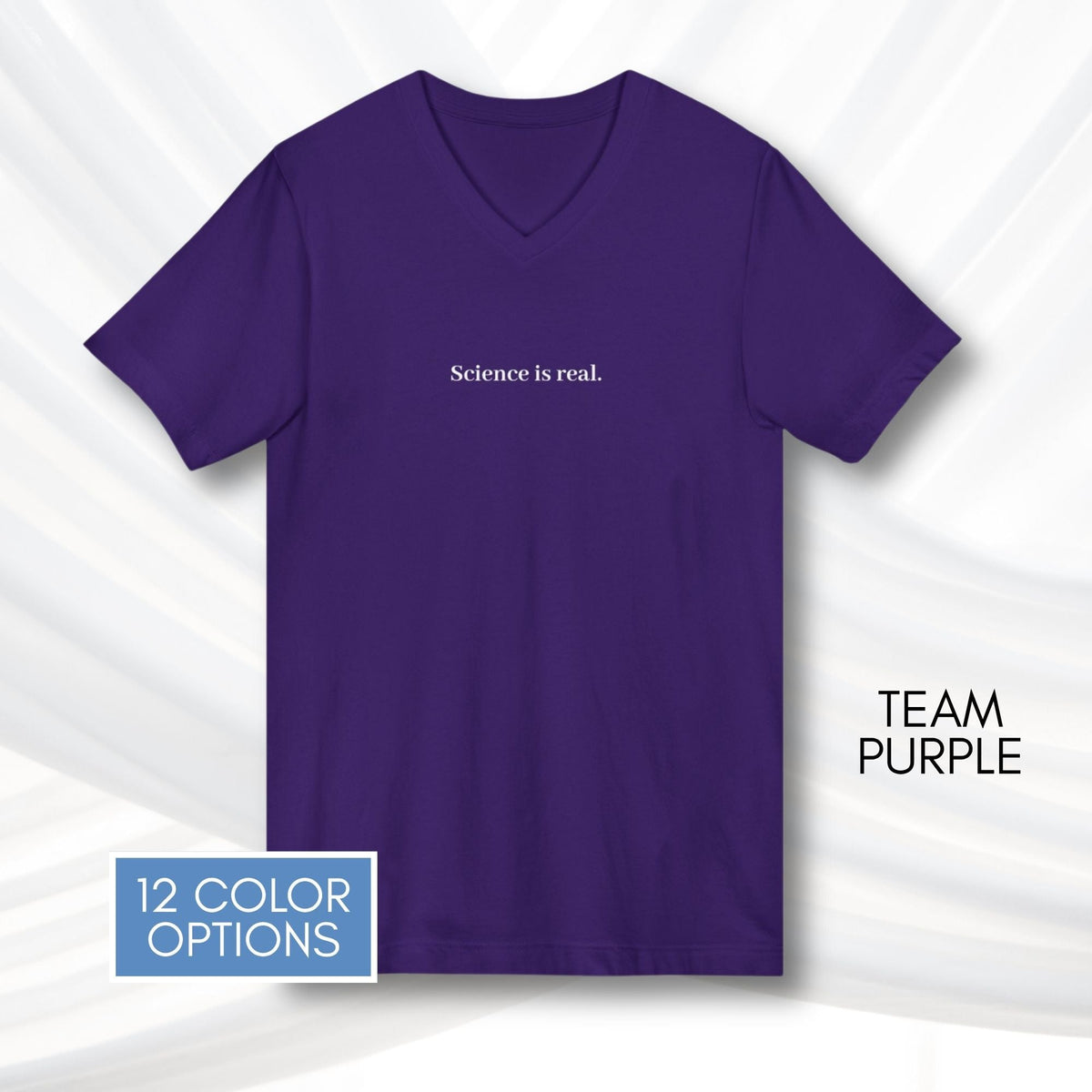 science-is-real-unisex-v-neck-tee-short-sleeve-activism-tshirt-team-purple