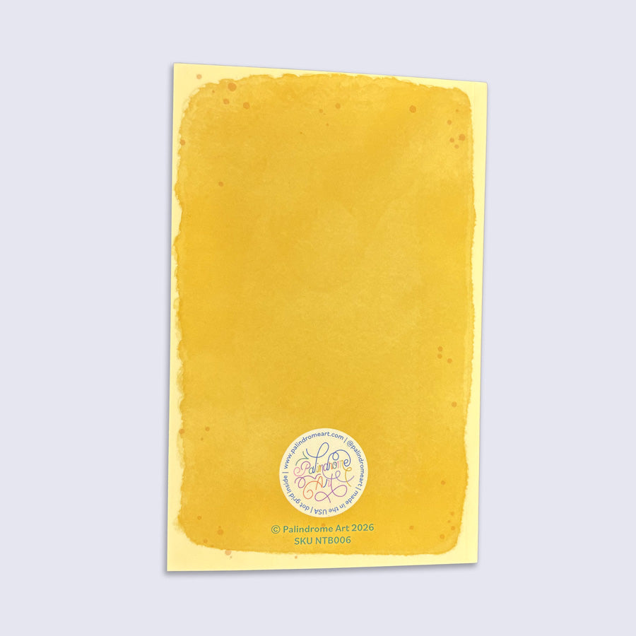 Yellow watercolor swatch with a logo and text on a light gray background