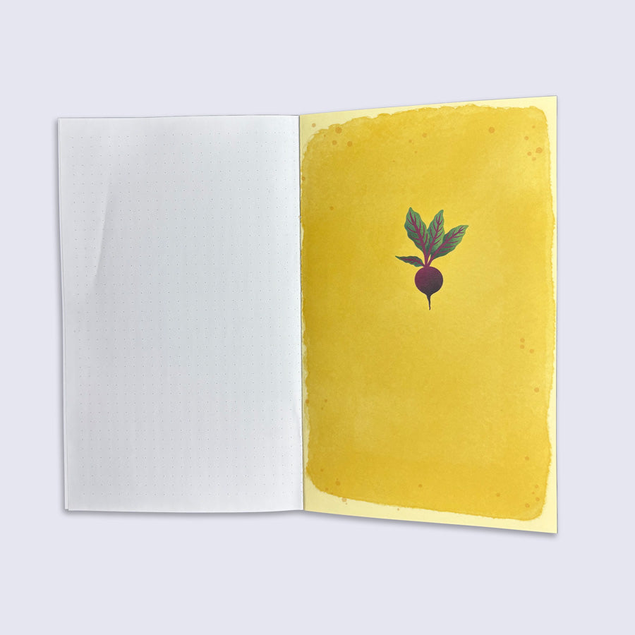 inside cover of a journal with a beet illustration on a yellow background