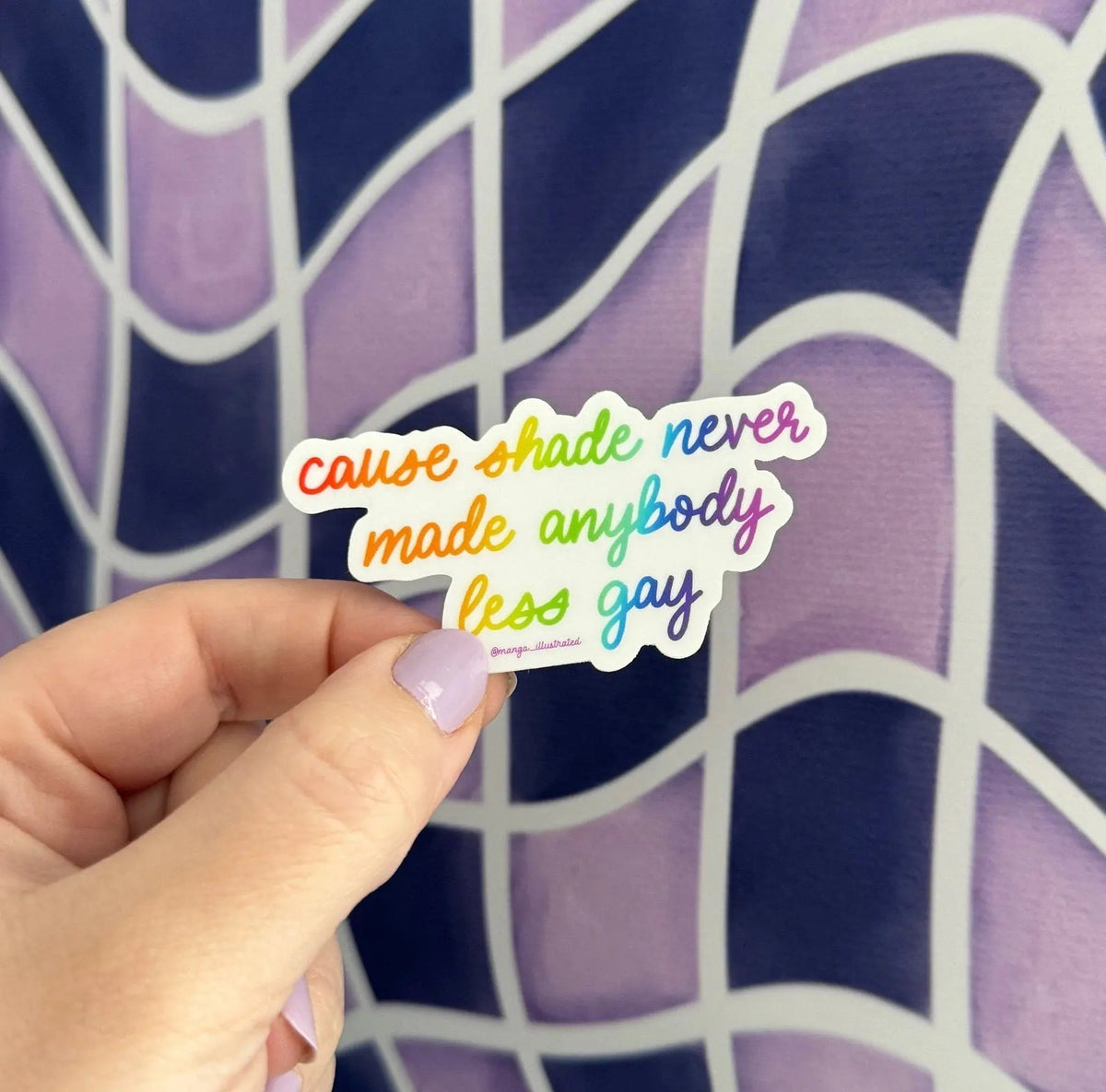 Shade never made anybody less gay sticker angled view — weatherproof water bottle sticker by indie artist MangoIllustrated
