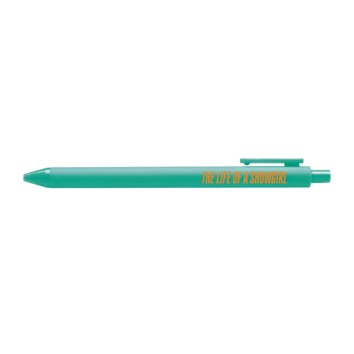 Showgirl pen — teal barrel with bold orange lettering, 0.5mm fine point, by MangoIllustrated