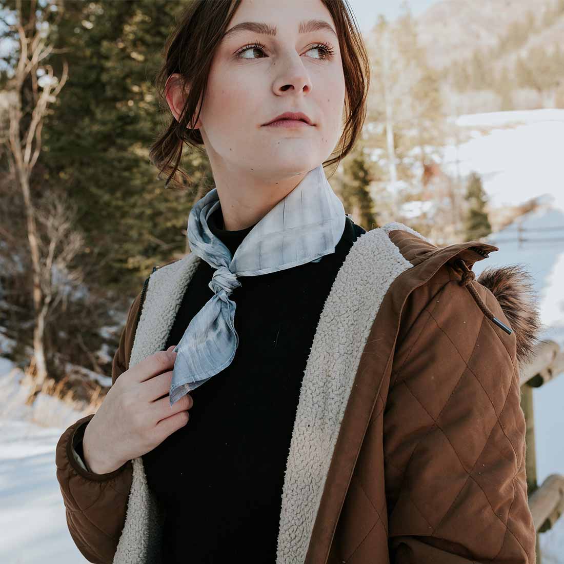 woman wearing tie dyed silk bandana as neckerchief