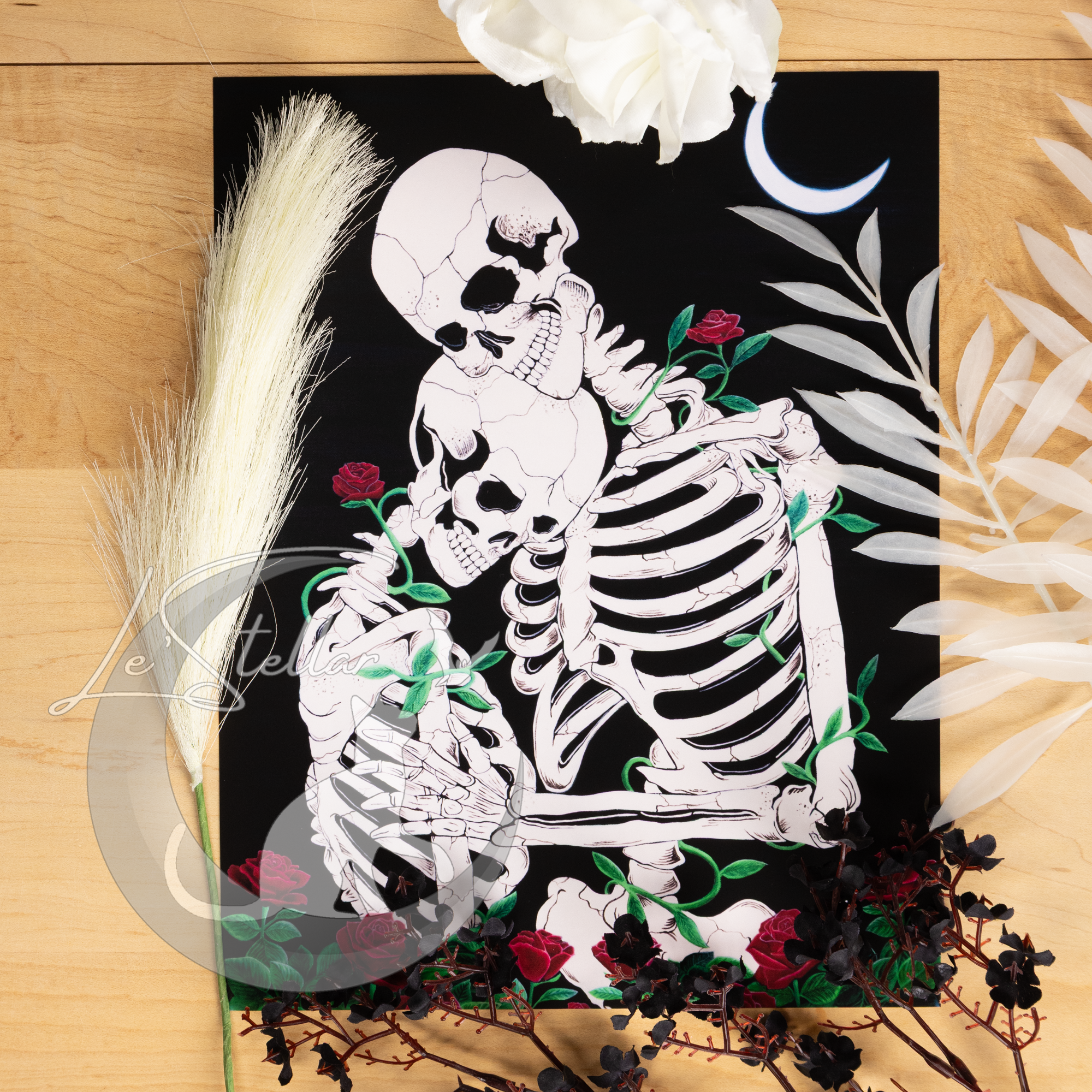 Skeleton and Roses Acrylic Painting: Romantic Gothic Print, Original Hand-Painted Art