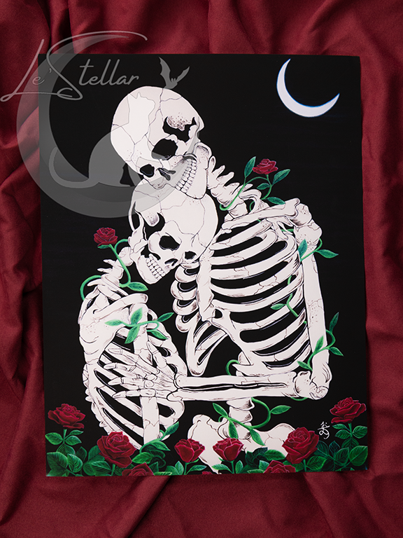 Skeleton and Roses Acrylic Painting: Romantic Gothic Print, Original Hand-Painted Art