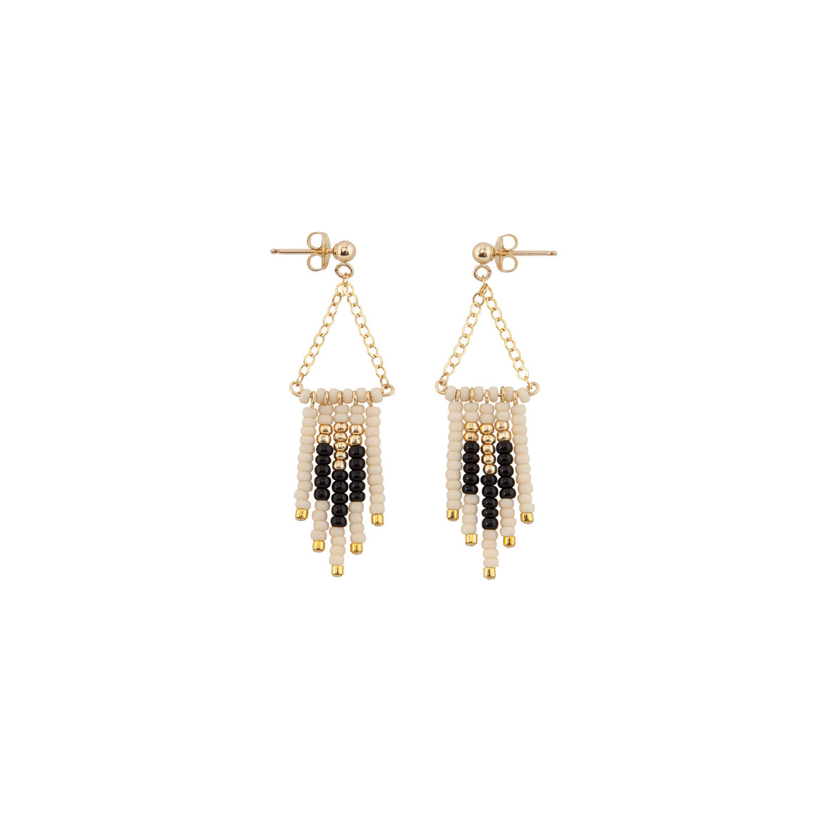 Pair of beaded earrings with gold, black, and white beads, handmade artisan earrings fair trade chicago