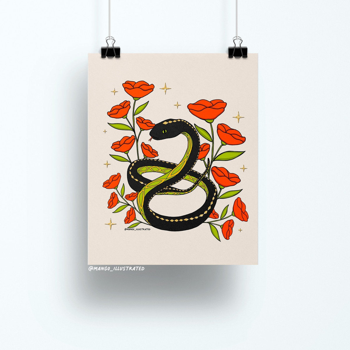 Snake and Poppies art print flat lay — botanical serpent wall art for mystical gallery walls by indie artist MangoIllustrated
