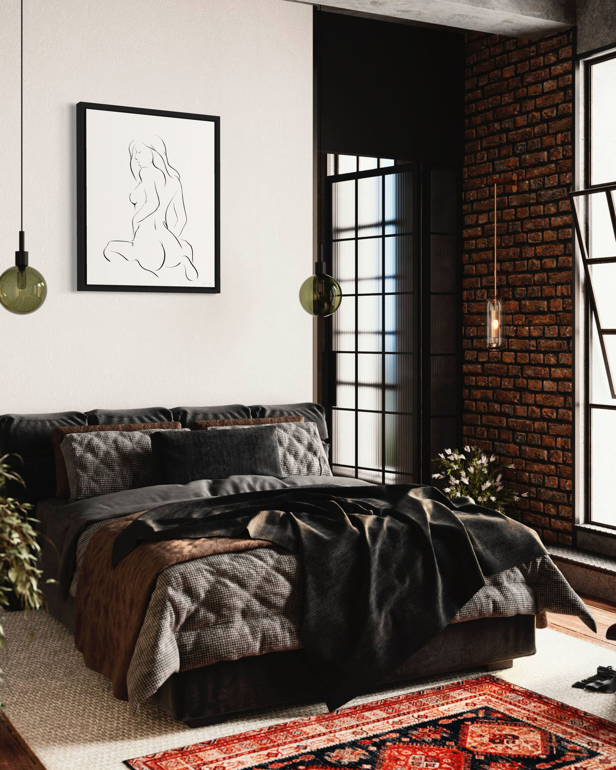 Black and white elegant illustration of sensual woman in seated pose with feminine curves; mounted in black float frame on wall above cozy and colorful bedroom
