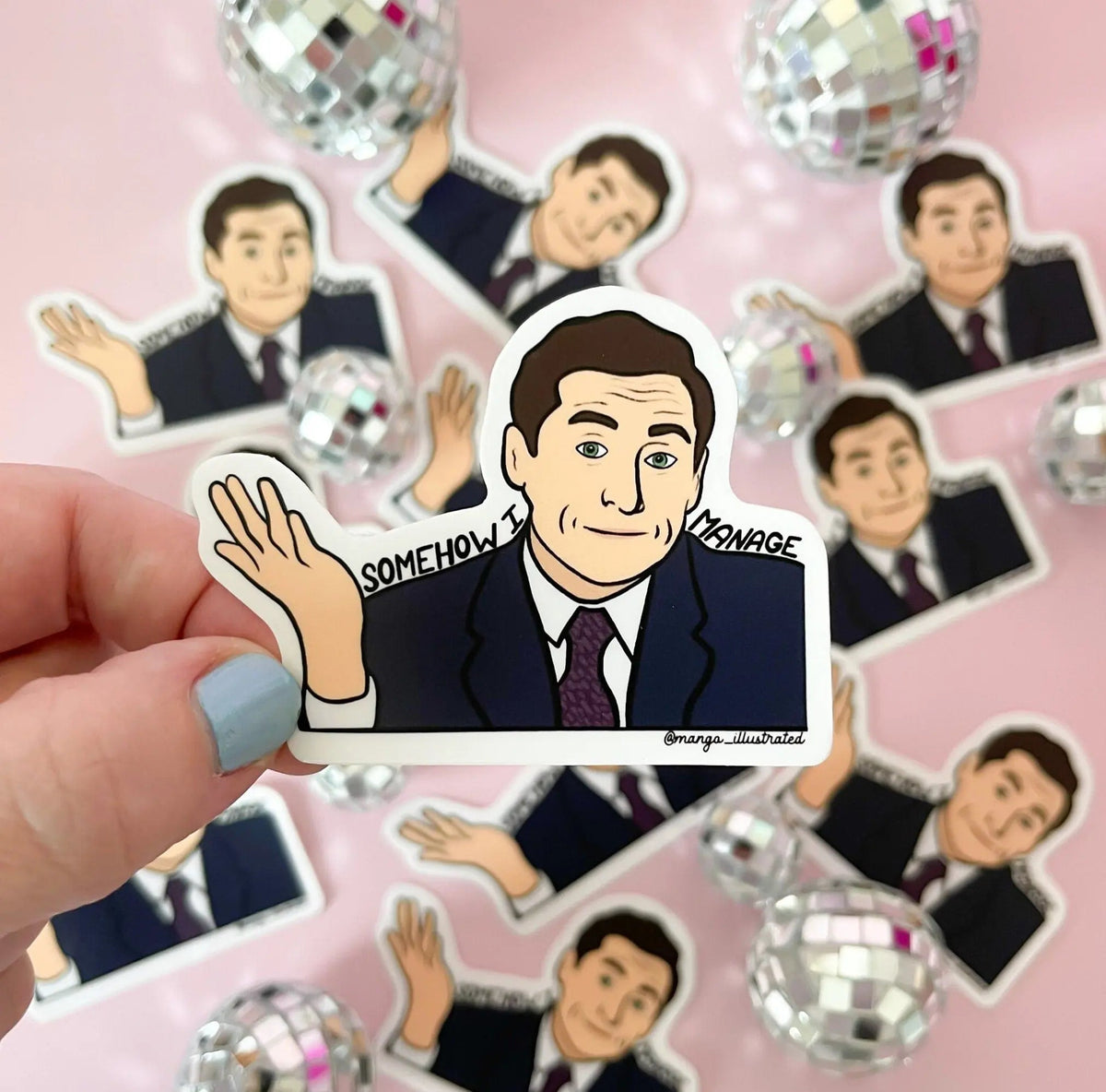 Somehow I Manage sticker — illustrated coworker gift decal for water bottles by indie artist MangoIllustrated