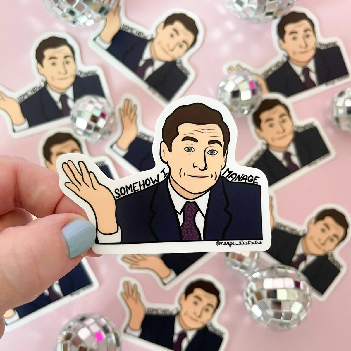 Somehow I Manage sticker — illustrated shrugging character with the hand lettered phrase Somehow I Manage, by MangoIllustrated