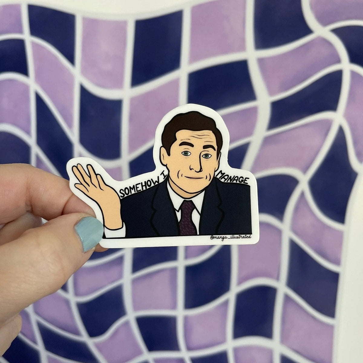 Somehow I Manage sticker flat lay — office humor vinyl decal by indie artist MangoIllustrated