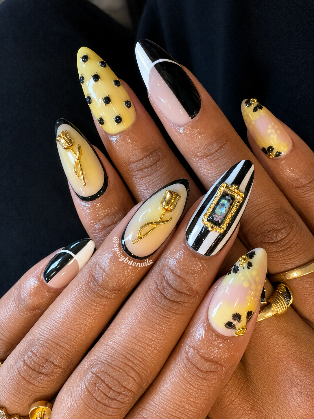 Butter and Caviar - Butter Yellow and Black Graphic False Press-On Nail Extensions 10pcs