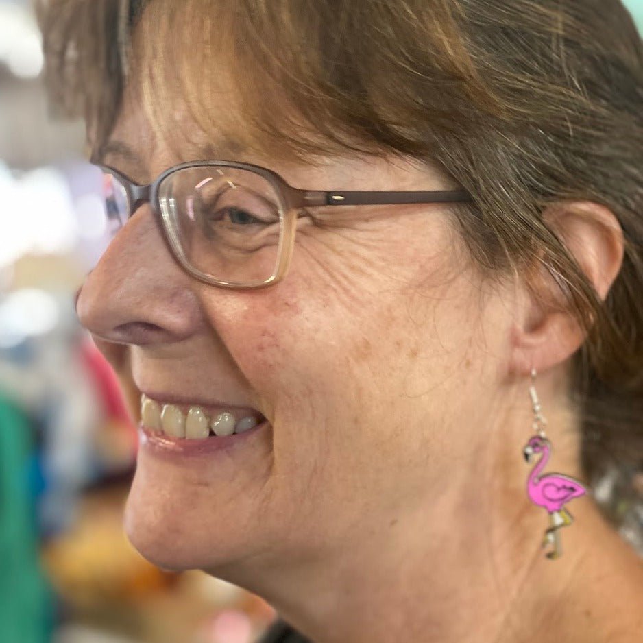 Standing Pink Flamingos Wooden Dangle Earrings - - Cate&