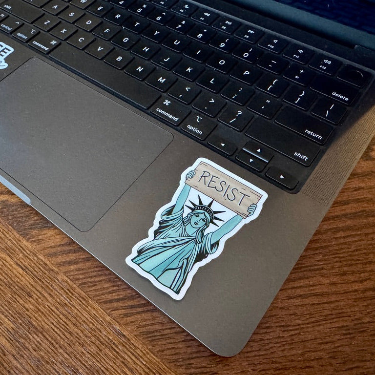 statue-of-liberty-resist-sign-glossy-indoor-outdoor-vinyl-sticker-decal-activist-laptop-water-bottle-car-window