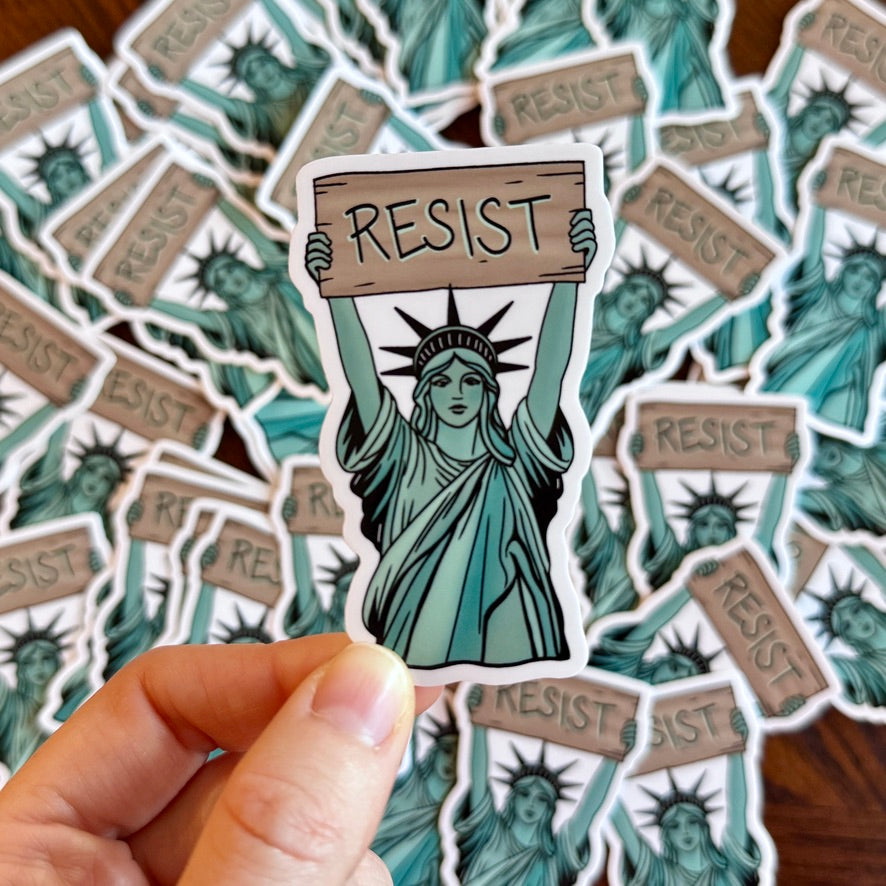 statue-of-liberty-resist-sign-glossy-indoor-outdoor-vinyl-sticker-decal-activist-laptop-water-bottle-car-window