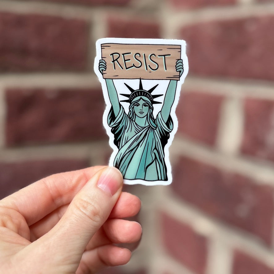 statue-of-liberty-resist-sign-glossy-indoor-outdoor-vinyl-sticker-decal-activist-laptop-water-bottle-car-window