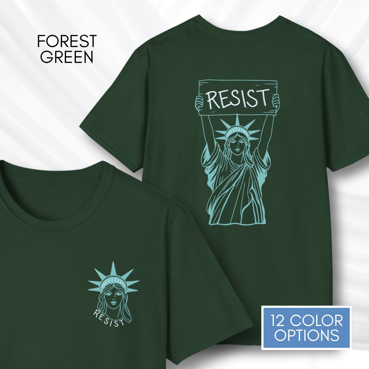 statue-of-liberty-resist-unisex-tee-feminist-political-activist-tshirt-patriotic-resistance-hand-drawn-art-lady-liberty-independence-day-apparel-forest-green