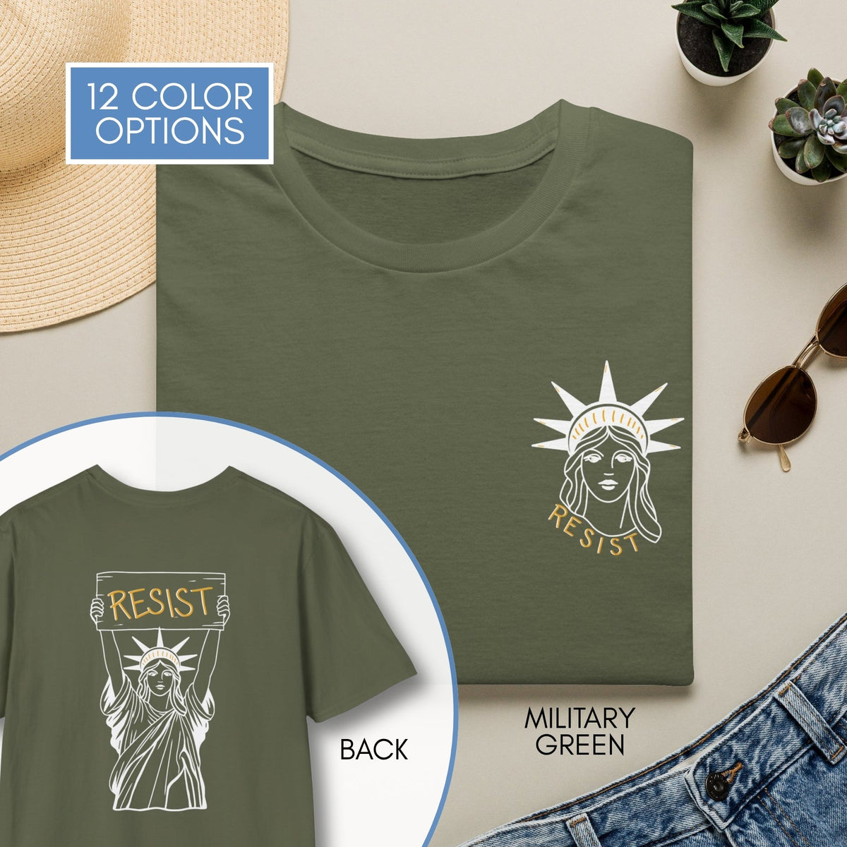 statue-of-liberty-resist-unisex-tee-feminist-political-activist-tshirt-patriotic-resistance-hand-drawn-art-lady-liberty-independence-day-apparel-military-green