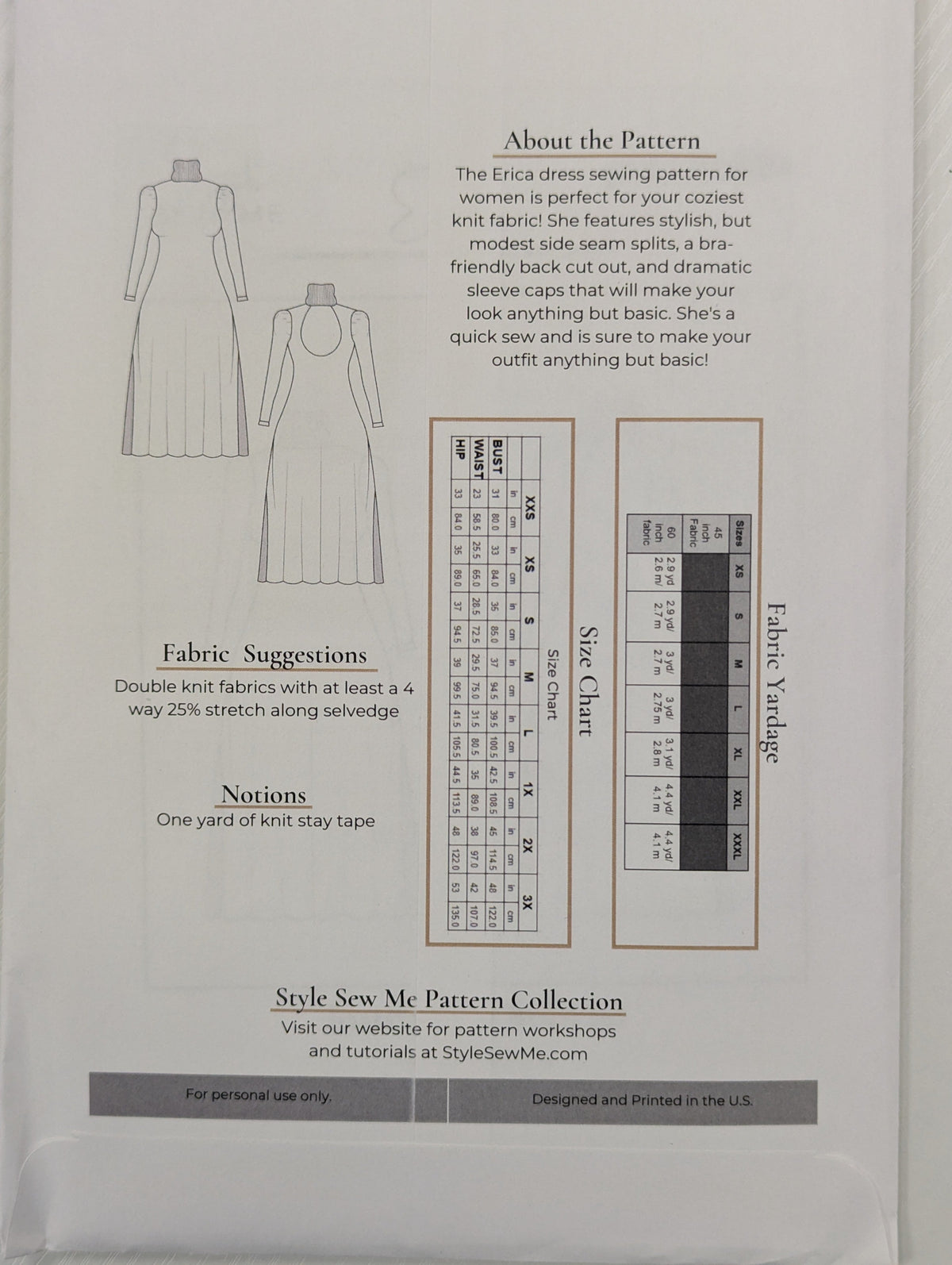 Style Sew Me Erica dress pattern with size chart and fabric suggestions on a white background