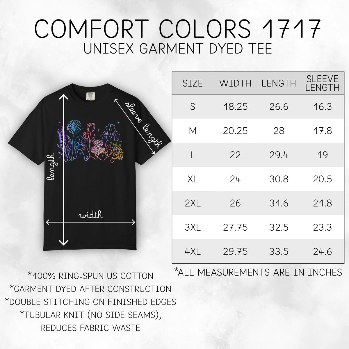 subtle-lgbtq-whimsical-flowers-unisex-tee-queer-ally-floral-t-shirt-hand-drawn-art-size-chart