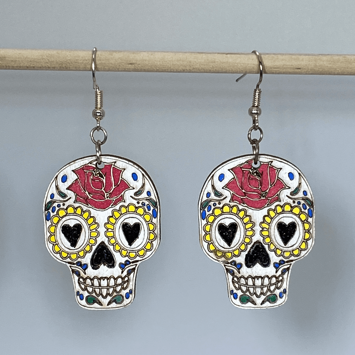 Sugar Skull Wooden Dangle Earrings - - Cate&