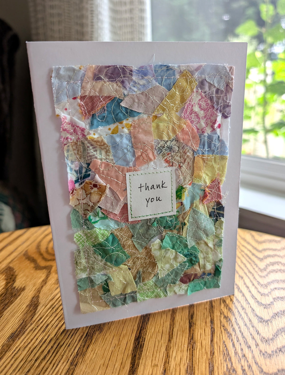 Summer Thank You Card: 5" x 7", multicolored collage fabric on white, blank card, with matching envelope