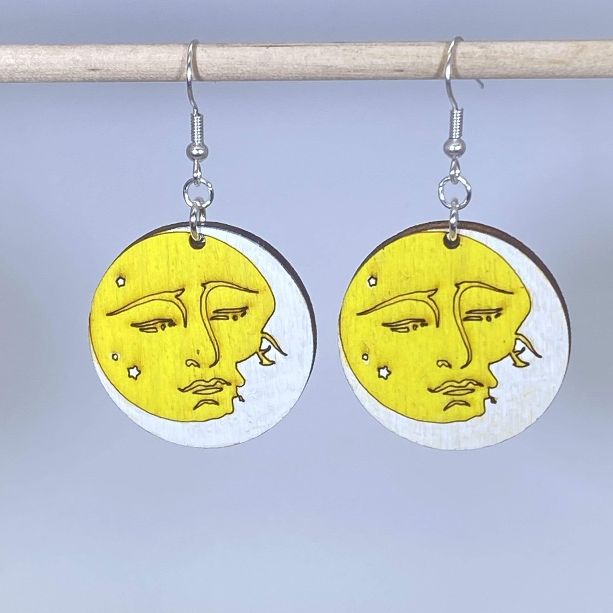 Sun and Moon Embracing Wooden Dangle Earrings - - Cate&