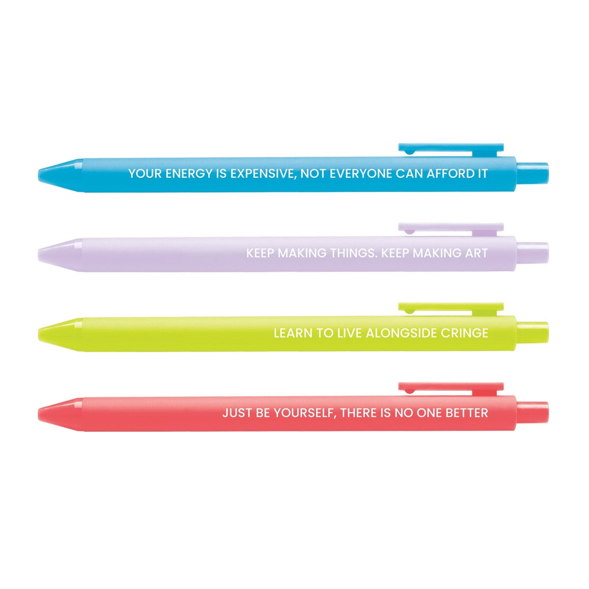 Swift Affirmations pen set — 4 jotter gel pens in blue, lilac, citron and coral with affirmation phrases, 0.5mm fine point, by MangoIllustrated