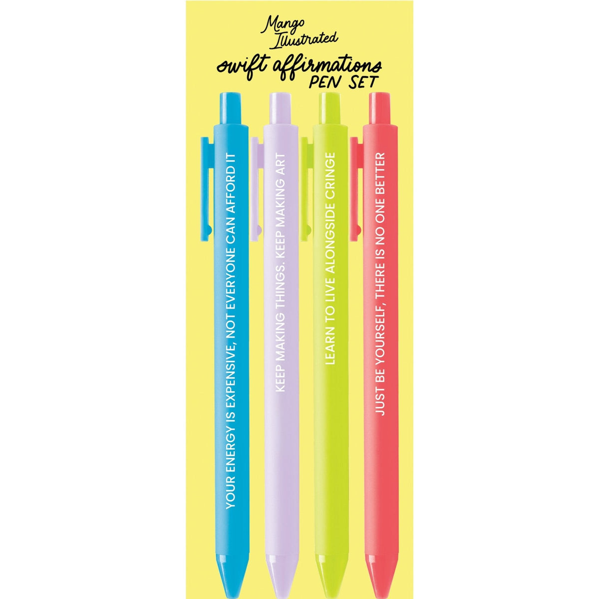 Swift Affirmations pen set in its cello sleeve with card backing — motivational stationery gift by indie artist MangoIllustrated
