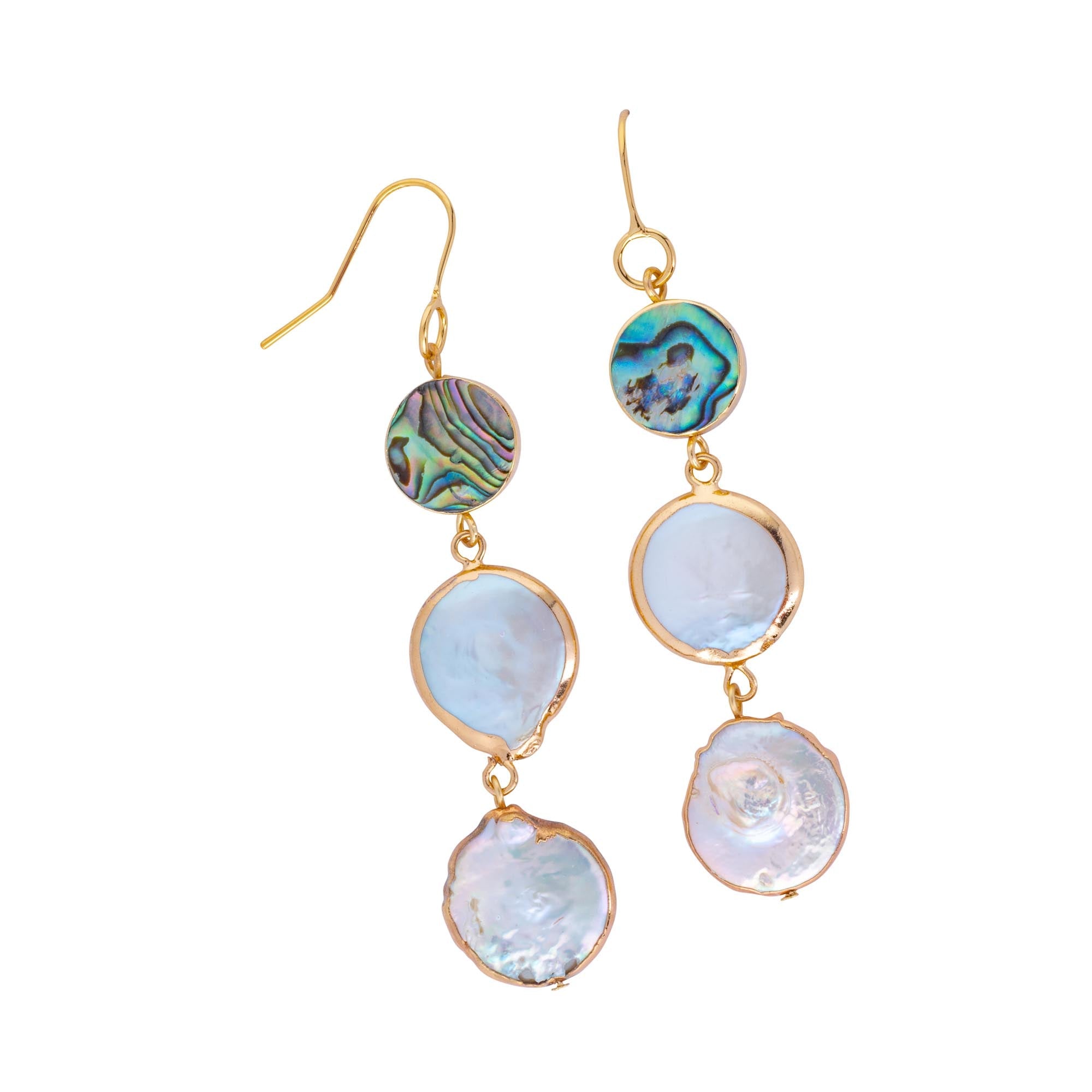 ocean springs triple abalone and coin pearl linear earrings