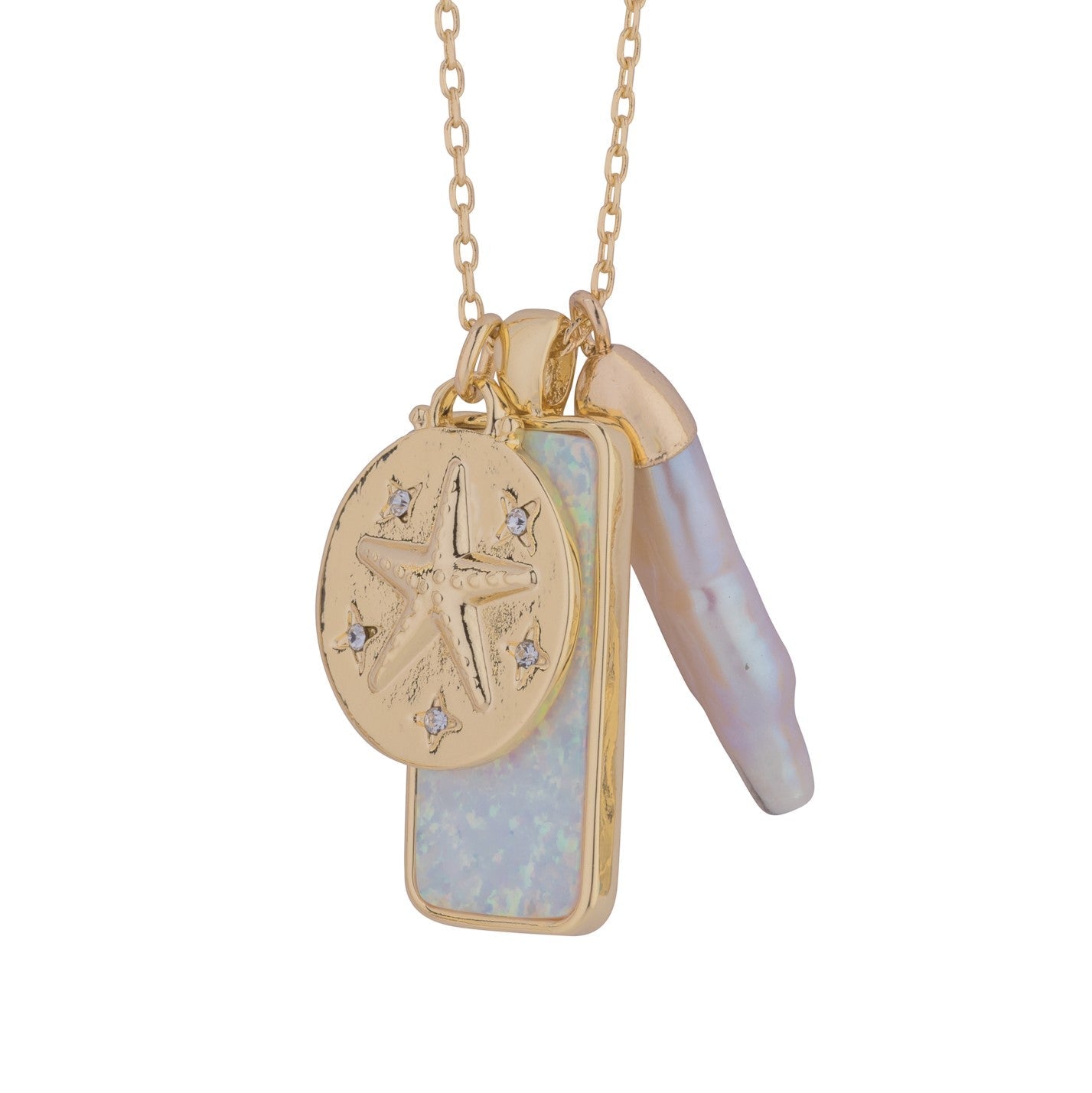 mantoloking charm necklace with white opal pendant freshwater stick pearl and starfish charm
