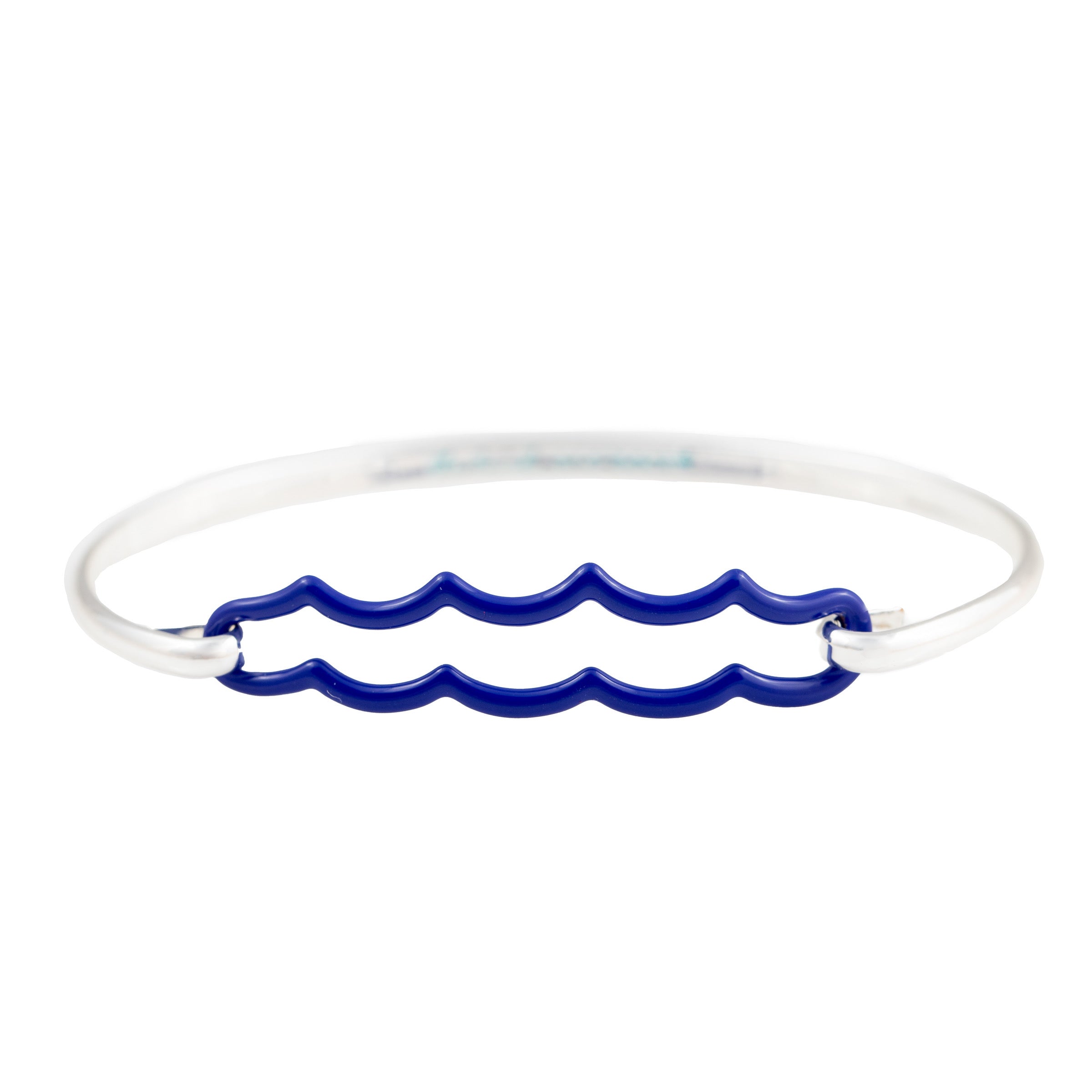 the beach and back best selling wave bangle bracelet now in marine blue double wave motif with silver bangle on white background