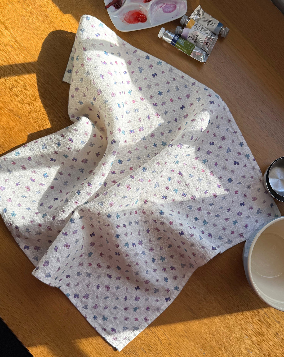 mini hydrangea blossoms linen tea towel