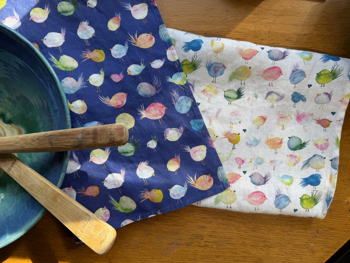 floofy birds linen tea towel