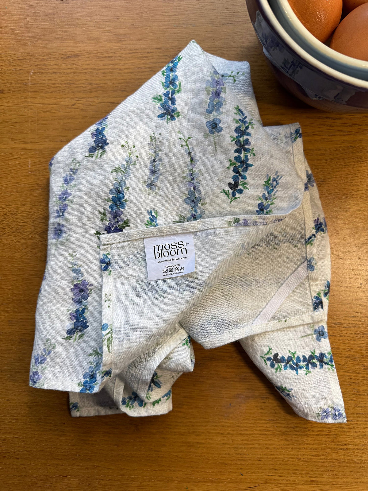 dancing delphinium linen tea towel
