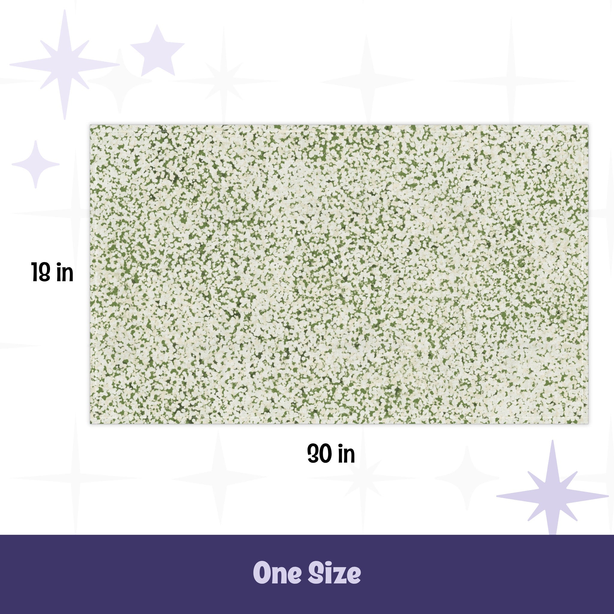 Sage green terrazzo pattern tea towel laid flat showing full 18 by 30 inch dimensions with measurement callouts on white background