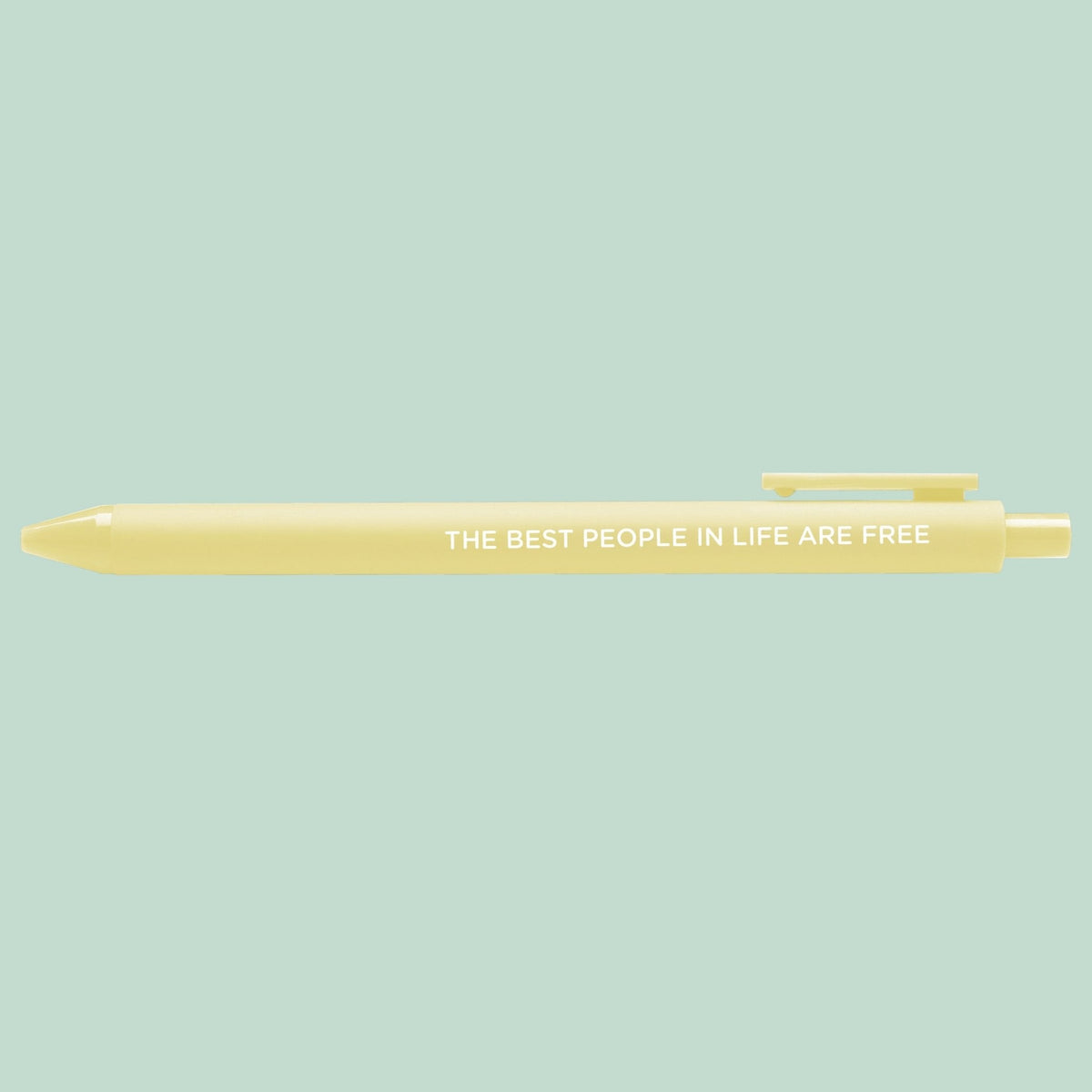 The Best People in Life Are Free jotter pen full length view — banana yellow barrel jotter gel pen, illustrated stationery by MangoIllustrated