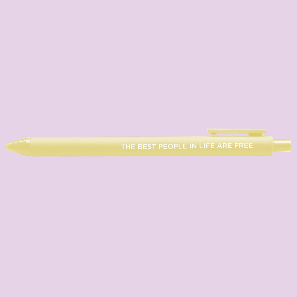 The Best People in Life Are Free jotter pen angled view — banana yellow jotter gel pen with black gel ink by indie artist MangoIllustrated