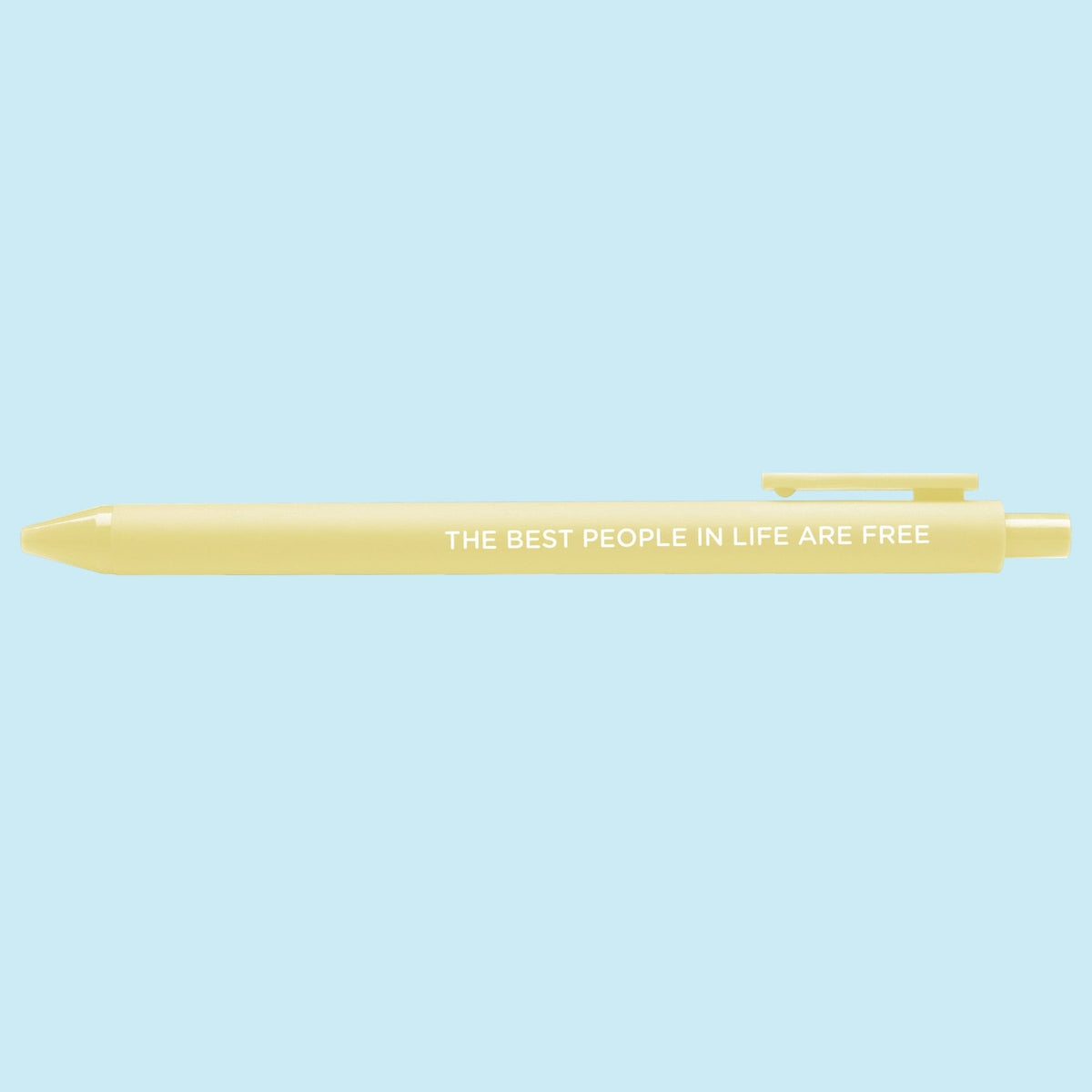 The Best People in Life Are Free jotter pen detail — close up of the embossed lettering on the banana yellow barrel by MangoIllustrated
