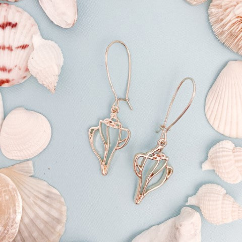 the beach and back plum island whelk shell shape drop earrings on light blue background with white shells