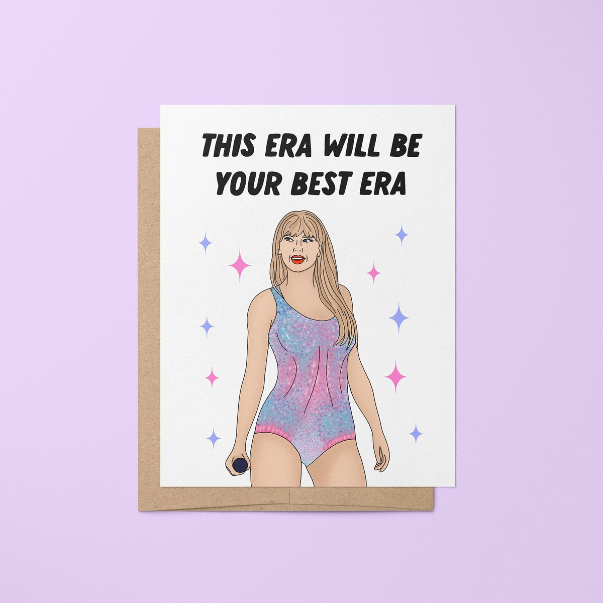 This era will be your best era greeting card — hand lettered greeting with a pastel portrait illustration and scattered stars, 4.25 x 5.5 in folded, by MangoIllustrated