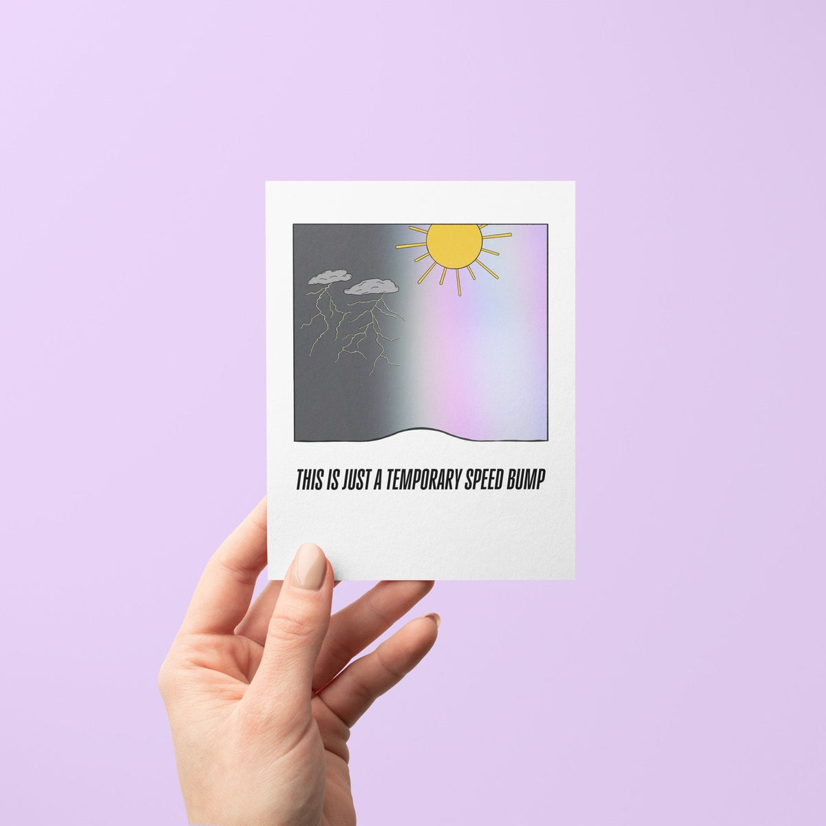 This is Just a Temporary Speed Bump card detail — close up of the lightning and opalite sky illustration by indie artist MangoIllustrated