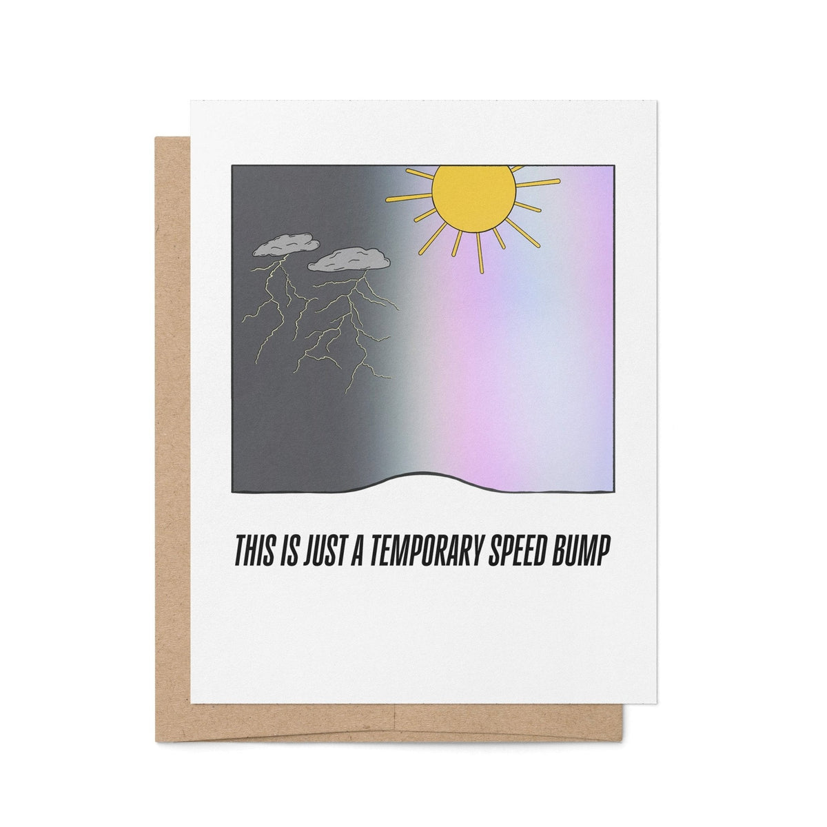 This is Just a Temporary Speed Bump card — illustrated speed bump under a lightning struck night sky fading into an opalite morning, 4.25 x 5.5 in A2, by MangoIllustrated