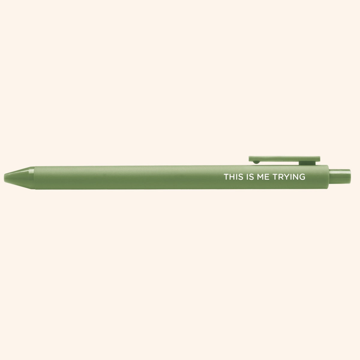 This is Me Trying jotter gel pen styled shot — olive jotter pen as a desk gift and stocking stuffer by MangoIllustrated
