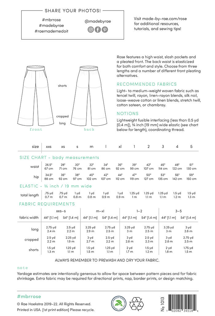 Made By Rae Rose Pants Pattern (Paper)