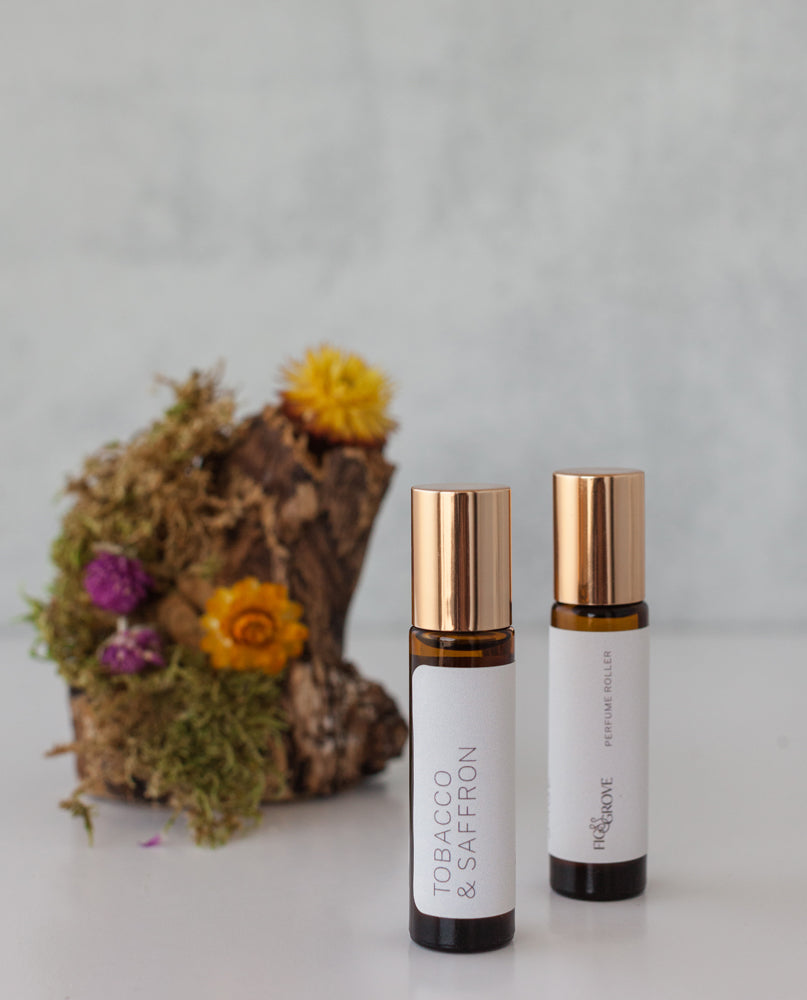 Tobacco & Saffron perfume roller bottle from Fig & Grove with a warm natural fragrance blend